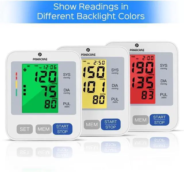 Alt view image 3 of 7 - Blood Pressure Monitor Upper Arm Blood Pressure Machine for Home Use BP Cuff Kit, Large 3-Color 3.4'' Display with Backlight,Pulse Rate Detection Meter with Cuff 22-42cm/2×99 Sets Memory