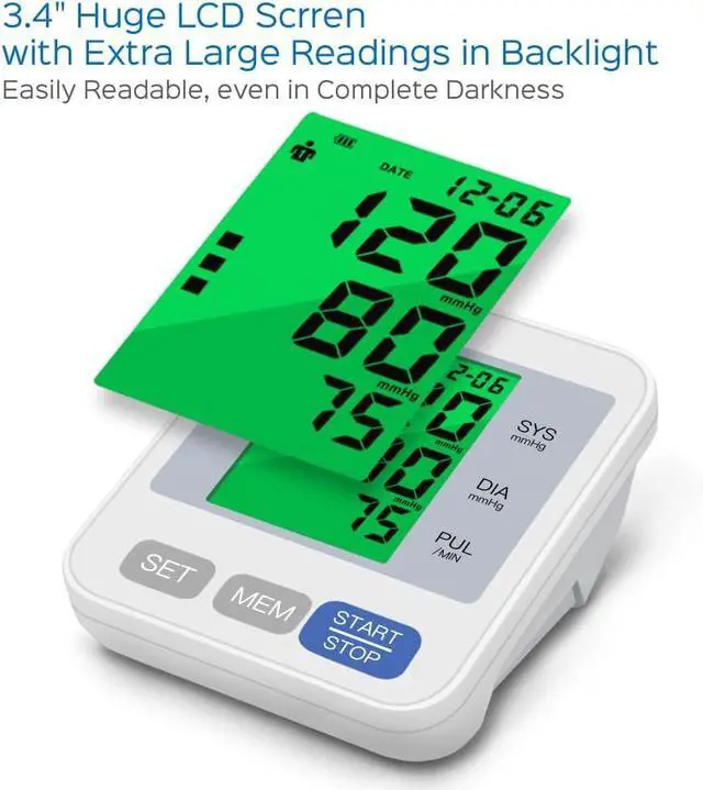 Alt view image 4 of 7 - Blood Pressure Monitor Upper Arm Blood Pressure Machine for Home Use BP Cuff Kit, Large 3-Color 3.4'' Display with Backlight,Pulse Rate Detection Meter with Cuff 22-42cm/2×99 Sets Memory
