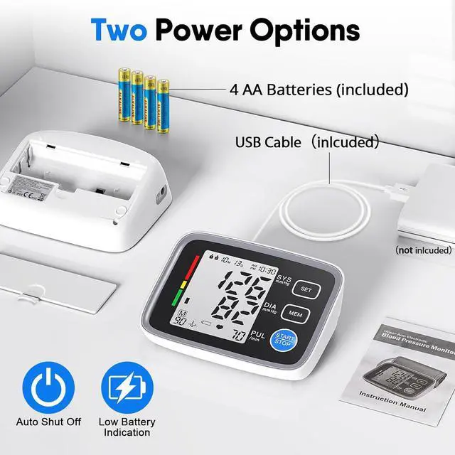 Alt view image 4 of 6 - Upper Arm Blood Pressure Monitor for Home Use 2 Cuff Sizes, 9-17'' & 13-21''Extra Large BP Cuff Automatic Digital Blood Pressure Machine 2 Users 180 Memories USB Cable 4 AA Batteries