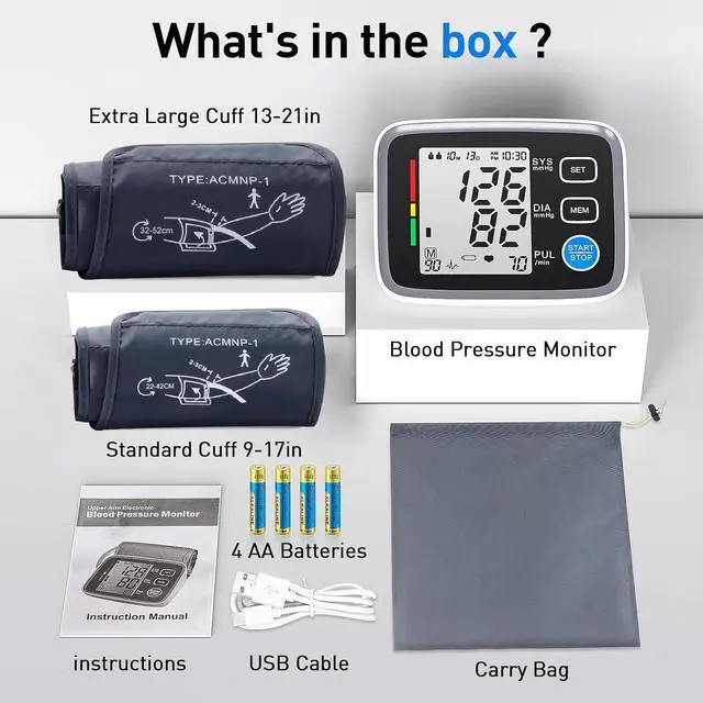 Alt view image 6 of 6 - Upper Arm Blood Pressure Monitor for Home Use 2 Cuff Sizes, 9-17'' & 13-21''Extra Large BP Cuff Automatic Digital Blood Pressure Machine 2 Users 180 Memories USB Cable 4 AA Batteries