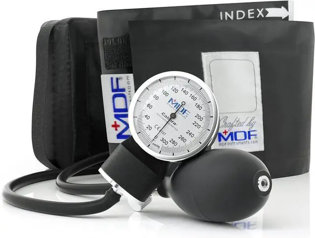 Main image of MDF Instruments, Calibra Aneroid Premium Professional Sphygmomanometer, Blood Pressure Monitor with Adult Cuff & Carrying Case, Lifetime Calibration, White Dial, Black Cuff, MDF808M11