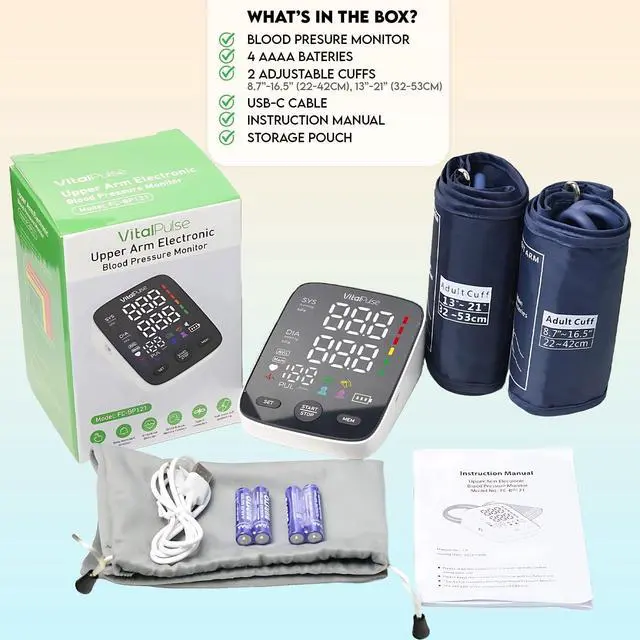 Alt view image 4 of 5 - Blood Pressure Monitor - Digital BP Monitor with 8.7 - 16.5 Cuff and 13 - 21 Cuff (Set of 2) Automatic Blood Pressure Cuff for Upper Arm with Large LED Display with 2x120 Reading Memory