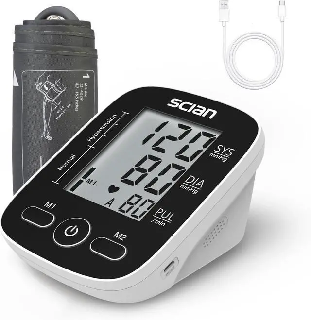 Main image of Scian Blood Pressure Monitor Upper Arm for Home Use, Automatic Blood Pressure Arm Cuff with Large Cuff 8.7"-16.5", Large LCD Display, 2 User 180 Memory, USB Cable (Black)