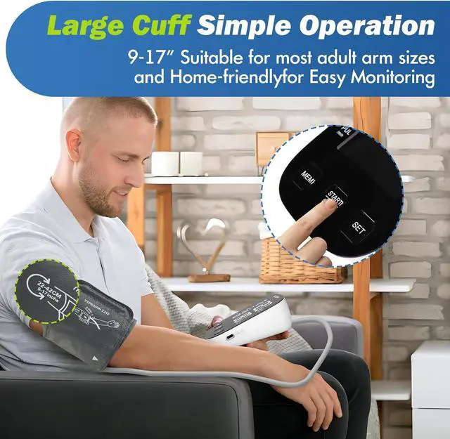 Alt view image 2 of 7 - ELERA Blood Pressure Monitors for Home Use, Automatic Upper Arm Blood Pressure Monitor with Large Cuff (9''-17'') Large Backlit Display, USB Cable & Batteries Included