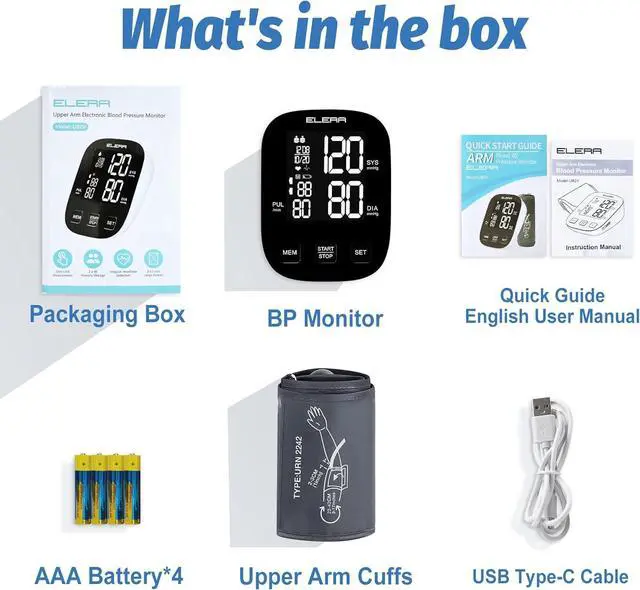 Alt view image 7 of 7 - ELERA Blood Pressure Monitors for Home Use, Automatic Upper Arm Blood Pressure Monitor with Large Cuff (9''-17'') Large Backlit Display, USB Cable & Batteries Included