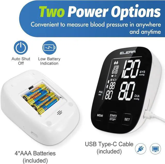 Alt view image 6 of 7 - ELERA Blood Pressure Monitors for Home Use, Automatic Upper Arm Blood Pressure Monitor with Large Cuff (9''-17'') Large Backlit Display, USB Cable & Batteries Included