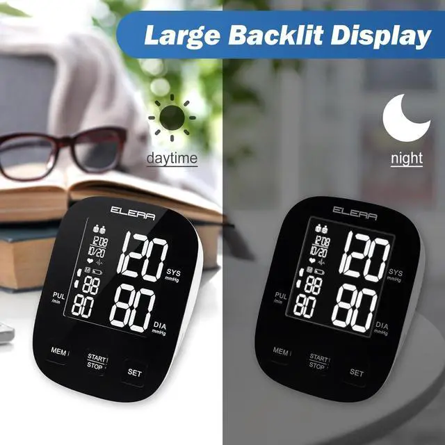 Alt view image 4 of 7 - ELERA Blood Pressure Monitors for Home Use, Automatic Upper Arm Blood Pressure Monitor with Large Cuff (9''-17'') Large Backlit Display, USB Cable & Batteries Included