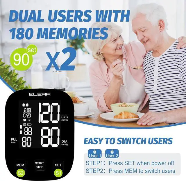 Alt view image 5 of 7 - ELERA Blood Pressure Monitors for Home Use, Automatic Upper Arm Blood Pressure Monitor with Large Cuff (9''-17'') Large Backlit Display, USB Cable & Batteries Included