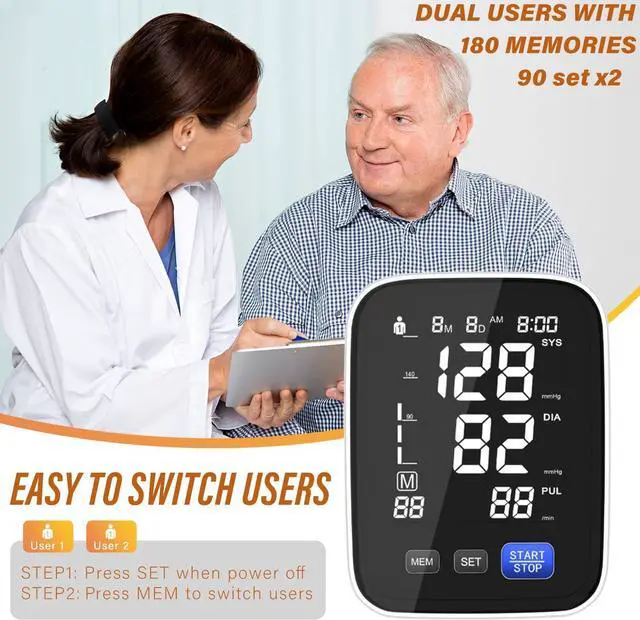 Alt view image 3 of 7 - Automatic Upper Arm Blood Pressure Monitor, Dual User 2x90 Memories Digital Blood Pressure Machine with (8.5"-16.5") Cuff Size, BP Monitor with 4*AAA Batteries & DC Cable