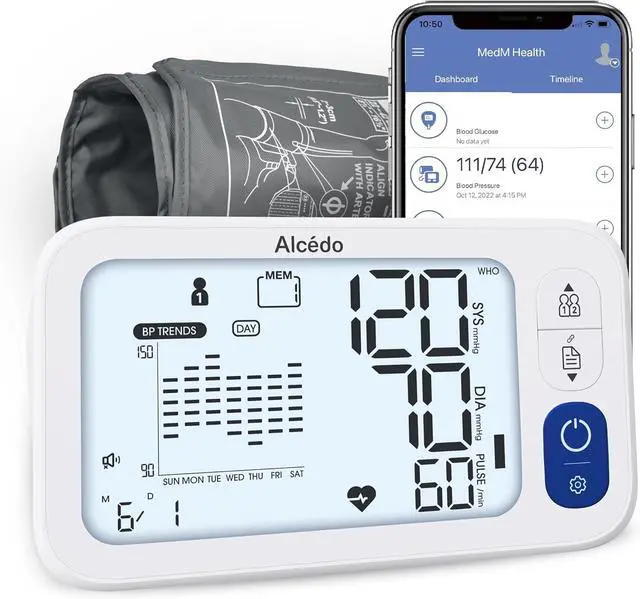 Main image of Alcedo Bluetooth Blood Pressure Monitor for Home Use, Accurate Upper Arm Smart BP Machine with Wide Range Cuff, App-Enabled for iOS & Android, Super Large Backlit Screen, 2 x 250 Memory