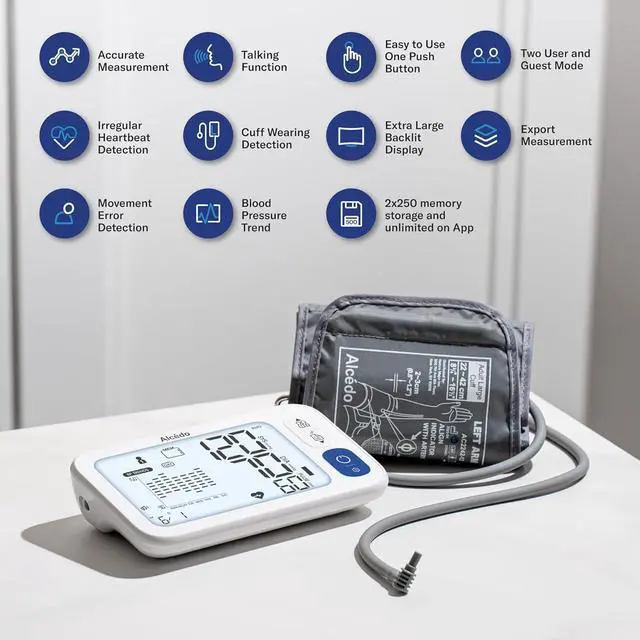 Alt view image 5 of 7 - Alcedo Bluetooth Blood Pressure Monitor for Home Use, Accurate Upper Arm Smart BP Machine with Wide Range Cuff, App-Enabled for iOS & Android, Super Large Backlit Screen, 2 x 250 Memory