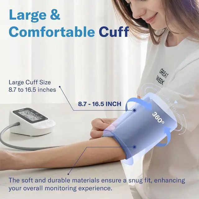 Alt view image 6 of 7 - Alcedo Blood Pressure Monitor for Home Use, Accurate Upper Arm BP Machine with Large Cuff, Alarm Reminder, 2 x 120 Memory, Talking Function