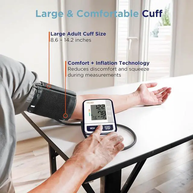 Main image of MOBI Blood Pressure Monitor Digital Upper Arm Blood Pressure Machine for Indoor/Outdoor Use with 120 Reading Memory Quick & Easy BP Machine Adjustable Arm Cuff 8.6"- 14.2" Large LCD Display