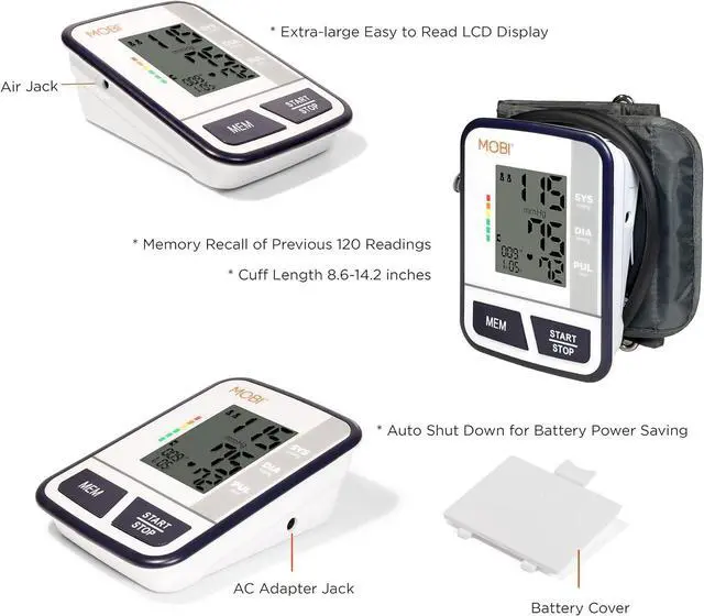Alt view image 2 of 5 - MOBI Blood Pressure Monitor Digital Upper Arm Blood Pressure Machine for Indoor/Outdoor Use with 120 Reading Memory Quick & Easy BP Machine Adjustable Arm Cuff 8.6"- 14.2" Large LCD Display