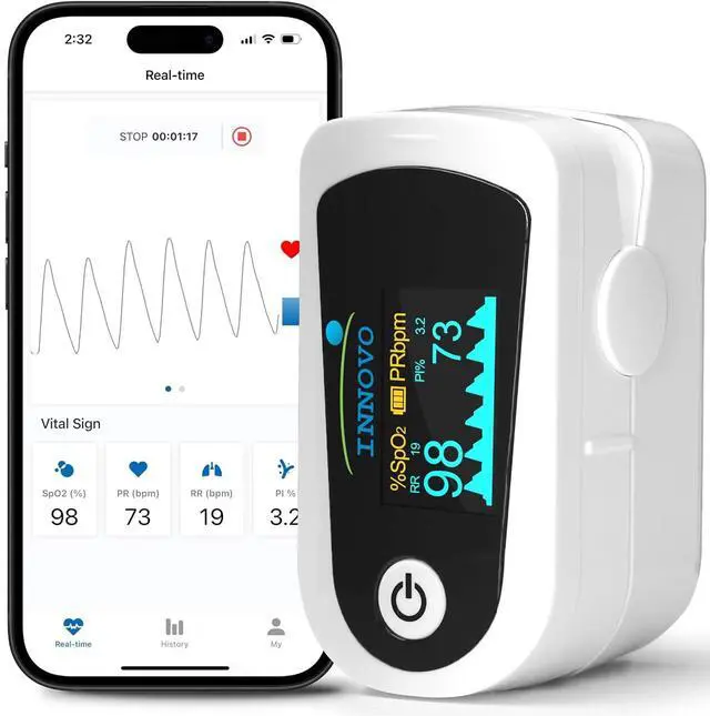 Main image of Innovo FSA/HSA Eligible iP900BP-B Fingertip Pulse Oximeter, Blood Oxygen Monitor with Free App, Plethysmograph, and Perfusion Index (with Bluetooth)
