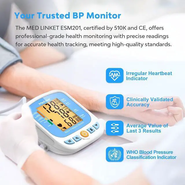 Alt view image 2 of 7 - ESM201 Blood Pressure Monitors for Home Use, Adjustable 9-17" Wide Range Blood Pressure Cuff and Big Numbers Display Backlit, Irregular Heartbeat Detector, 2 * 90 Memory, Auto BP Machine Arm