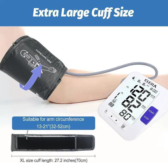 Alt view image 3 of 7 - ELERA XL Cuff Blood Pressure Monitor (13-21" for Big Arms) - Large Screen, Automatic Upper Arm for Home Use, Backlight Display, 2 Users
