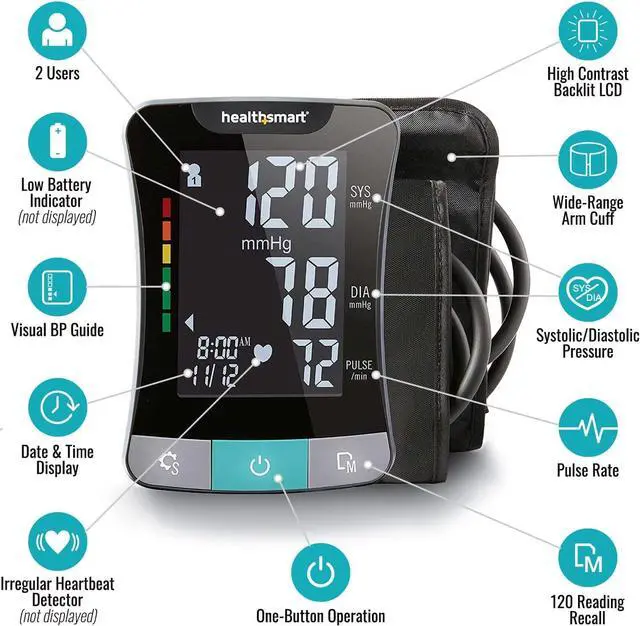 Alt view image 2 of 7 - HealthSmart Digital Premium Blood Pressure Monitor with Automatic Upper Arm Cuff that Displays Blood Pressure, Pulse Rate and Irregular Heartbeat, Stores up to 120 Readings for 2 Users