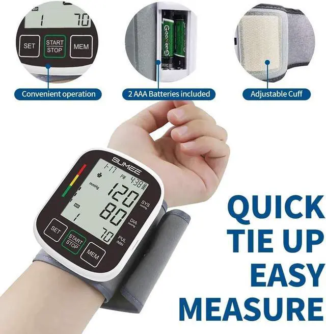 Alt view image 3 of 7 - Wrist Blood Pressure Monitor Automatic BP Machine with Large Backlit Display Heart Rate Monitors 2x99 Readings 5.3-7.7in Adjustable Cuff for Home Use,Include Carrying Case and 2AAA Batteries-Black