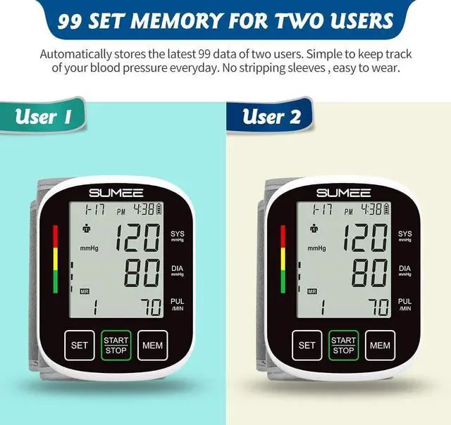 Alt view image 4 of 7 - Wrist Blood Pressure Monitor Automatic BP Machine with Large Backlit Display Heart Rate Monitors 2x99 Readings 5.3-7.7in Adjustable Cuff for Home Use,Include Carrying Case and 2AAA Batteries-Black