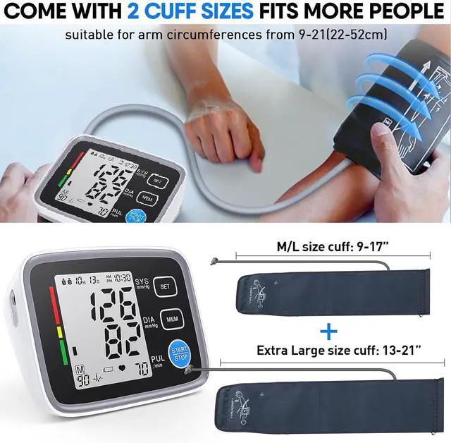 Alt view image 2 of 6 - Upper Arm Blood Pressure Monitor for Home Use 2 Cuff Sizes, 9-17'' & 13-21''Extra Large BP Cuff Automatic Digital Blood Pressure Machine 2 Users 180 Memories USB Cable 4 AA Batteries