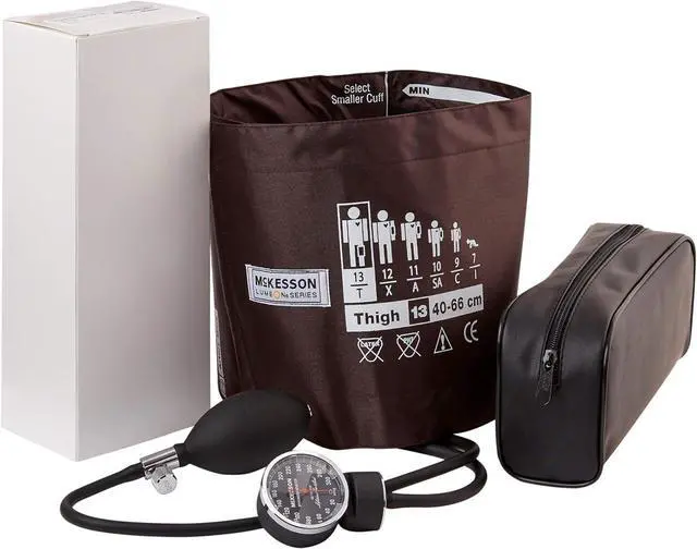 Main image of McKesson LUMEON Deluxe Aneroid Sphygmomanometer, Blood Pressure with Cuff, Thigh, Brown, Adult Large, 1 Count