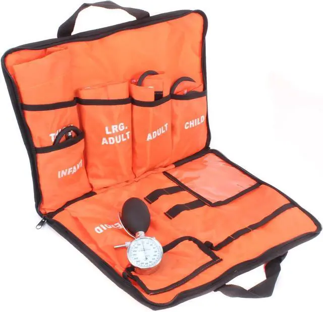 Main image of Dixie EMS Aneroid Sphygmomanometer Kit, Manual Blood Pressure Monitor Set with 5 Cuffs for Infant, Child, Adult, Large Adult, Thigh, & Carrying Case - Orange