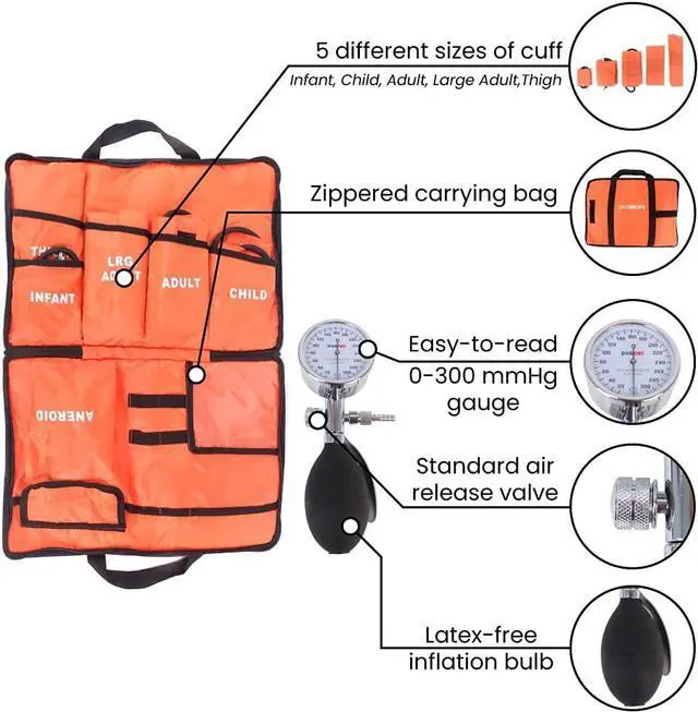 Alt view image 2 of 7 - Dixie EMS Aneroid Sphygmomanometer Kit, Manual Blood Pressure Monitor Set with 5 Cuffs for Infant, Child, Adult, Large Adult, Thigh, & Carrying Case - Orange