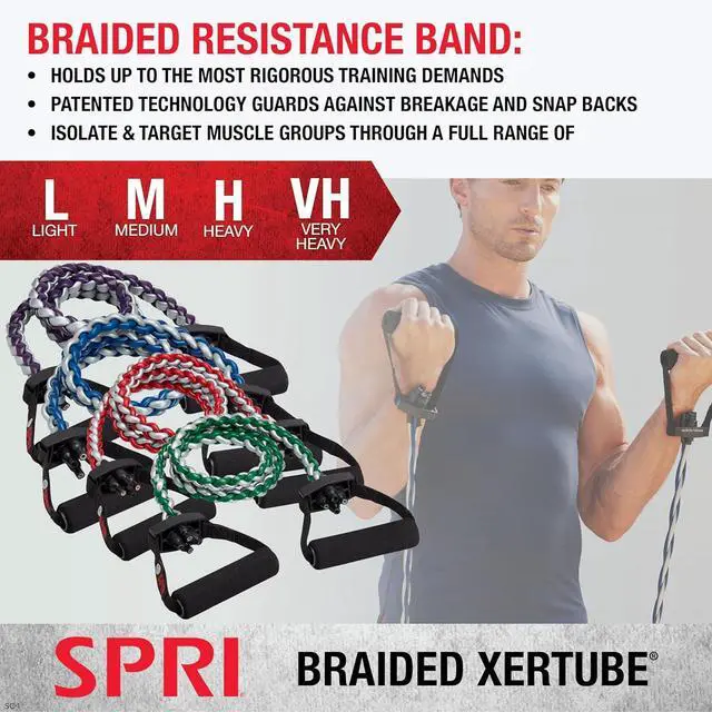 Alt view image 2 of 7 - SPRI Braided Xertube Resistance Bands  Premium Exercise Band for Men & Women  Workout Equipment for Home Gym Fitness Training  Comfort Grip for Strength, Weights, and Resistance