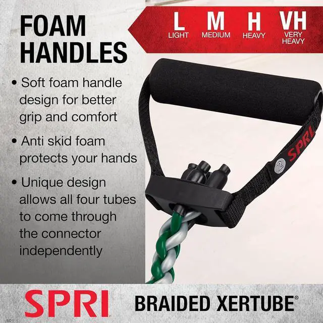 Alt view image 4 of 7 - SPRI Braided Xertube Resistance Bands  Premium Exercise Band for Men & Women  Workout Equipment for Home Gym Fitness Training  Comfort Grip for Strength, Weights, and Resistance