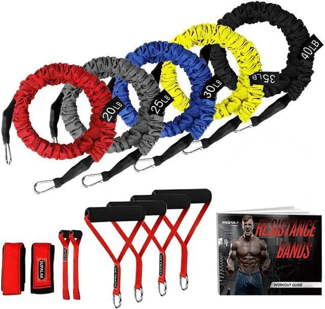 Main image of Resistance Bands, 15 Pieces Exercise Elastic Bands Set, 20lbs to 40lbs Resistance Tubes with Heavy Duty Protective Nylon Sleeves Anti-Snap for Fitness SUPALAK