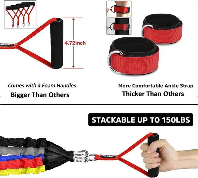 Alt view image 4 of 7 - Resistance Bands, 15 Pieces Exercise Elastic Bands Set, 20lbs to 40lbs Resistance Tubes with Heavy Duty Protective Nylon Sleeves Anti-Snap for Fitness SUPALAK