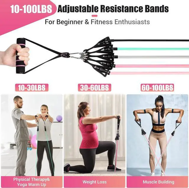 Alt view image 2 of 7 - Resistance Bands with Handles for Women, 5 Level Exercise Bands Workout Bands for Physical Therapy, Yoga, Pilates, Door Anchor, Storage Pouch