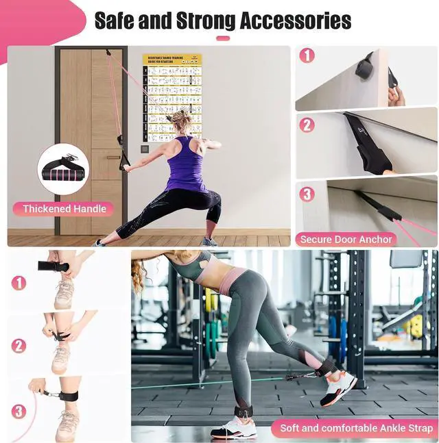 Alt view image 4 of 7 - Resistance Bands with Handles for Women, 5 Level Exercise Bands Workout Bands for Physical Therapy, Yoga, Pilates, Door Anchor, Storage Pouch