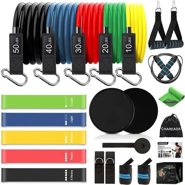 Main image of 23 Pack Resistance Bands Set Workout Bands, 5 Stackable Exercise Bands 5 Loop Resistance Bands 2 Core Sliders, Door Anchor Handles Ankle Straps Carry Bag Instant Cooling Towel Wrist Wraps