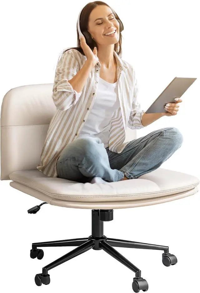 Main image of FLEXISPOT Cross Legged Office Chair Armless Desk Chairs Comfy Wide Seat Criss Cross Chair with Wheels Vanity Chair for Living Room Bedroom Study Room(White Light Beige)