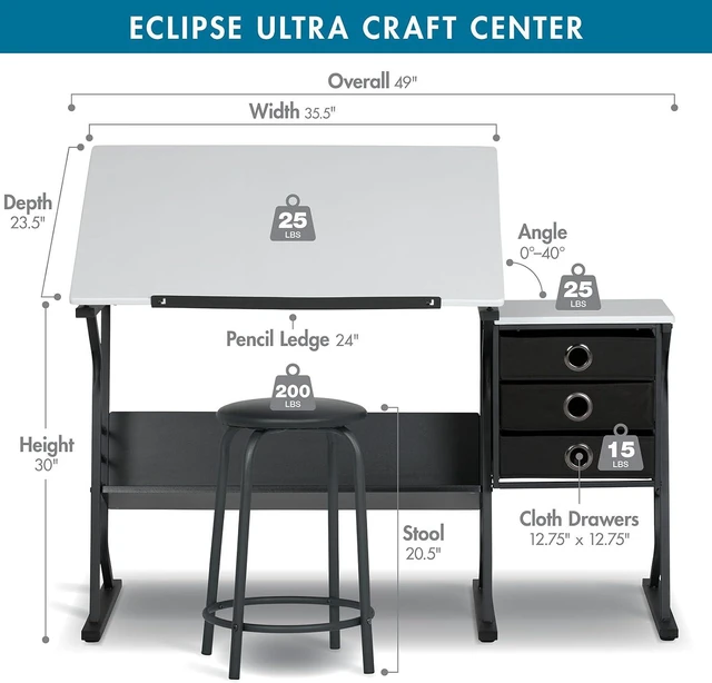Alt view image 3 of 7 - 2 Piece Eclipse Ultra Center/Drawing Table with Stool, Angle Adjustable Top, Storage Shelves, and Drawers