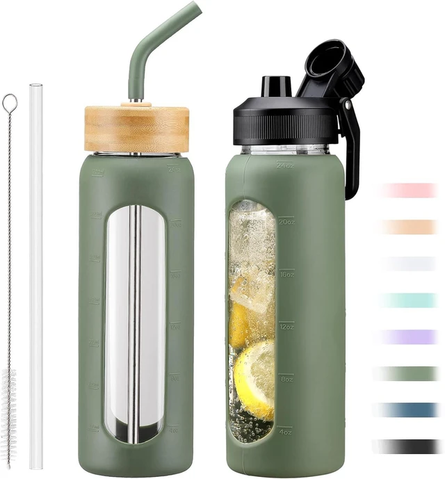 Main image of 24oz Glass Water Bottle with Straw and 2 Lids, Olive