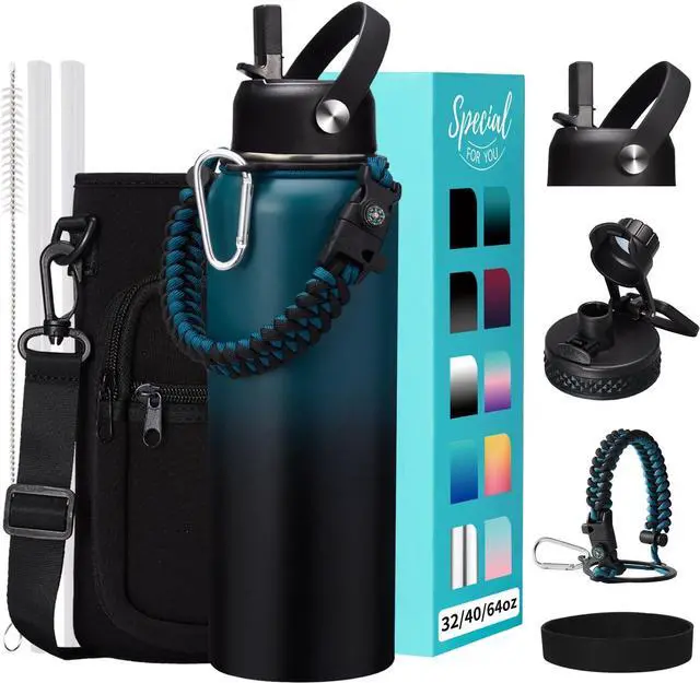 Main image of 32/40/64OZ Insulated Water Bottle - Keep Cold 48H Hot 24H, Combo Straw/Spout Lids, Paracord Handle for Gym/Hiking, Carrier Bag +Strap, Cup Mat, BPA-Free Stainless Steel Flask Jug