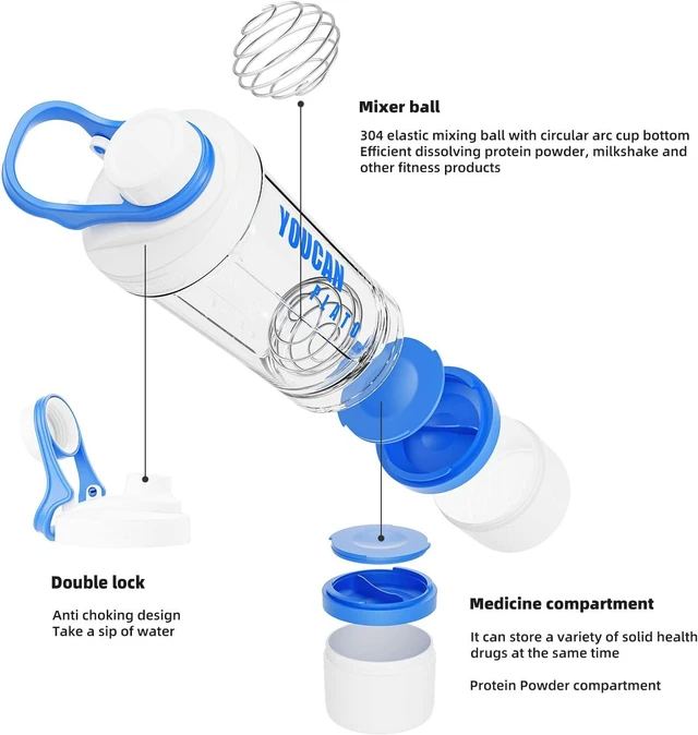 Alt view image 2 of 5 - 21oz Protein Shaker Bottle with Powder Storage Container-Shaker Cups for Protein Shakes-pre workout bottle-Mixer Cup-Gym Sport Water Bottle -Made with Tritan BPA Free,with Wire Whisk Balls (Blue)