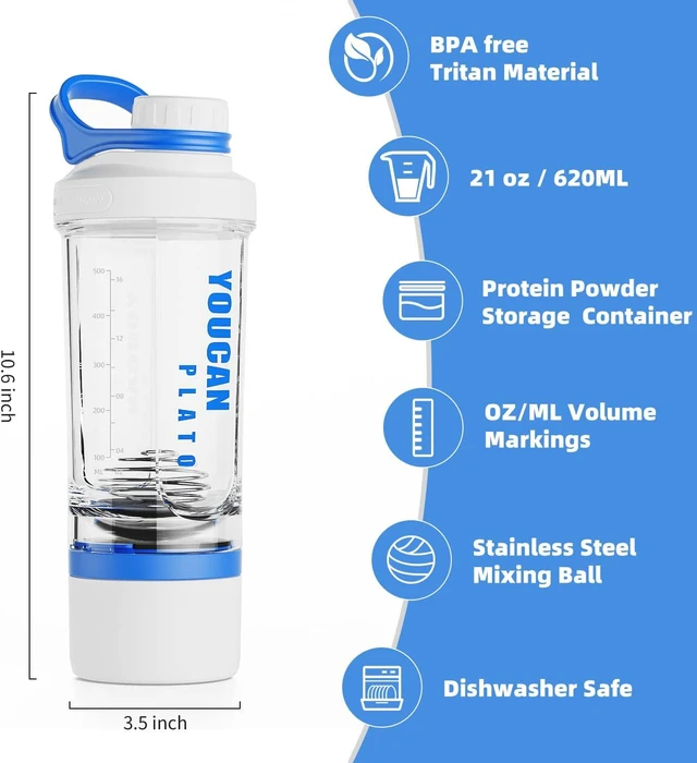 Alt view image 3 of 5 - 21oz Protein Shaker Bottle with Powder Storage Container-Shaker Cups for Protein Shakes-pre workout bottle-Mixer Cup-Gym Sport Water Bottle -Made with Tritan BPA Free,with Wire Whisk Balls (Blue)