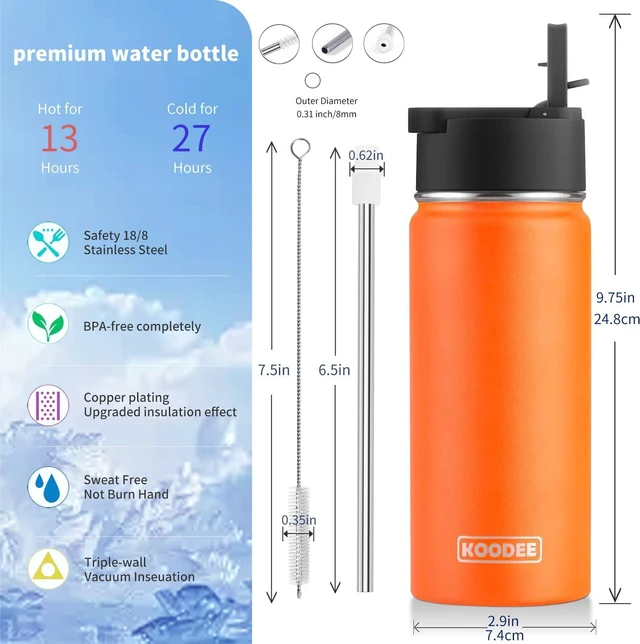 Alt view image 5 of 7 - koodee Water Bottle with Straw-16 oz Stainless Steel Double Wall Vacuum Insulated Water Flask Metal Sports Water Bottle for School (Mango Yellow)