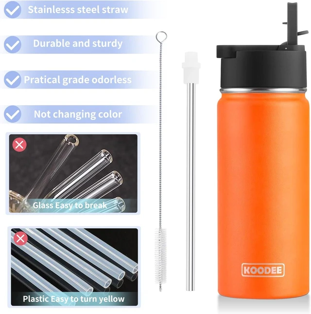 Alt view image 7 of 7 - koodee Water Bottle with Straw-16 oz Stainless Steel Double Wall Vacuum Insulated Water Flask Metal Sports Water Bottle for School (Mango Yellow)