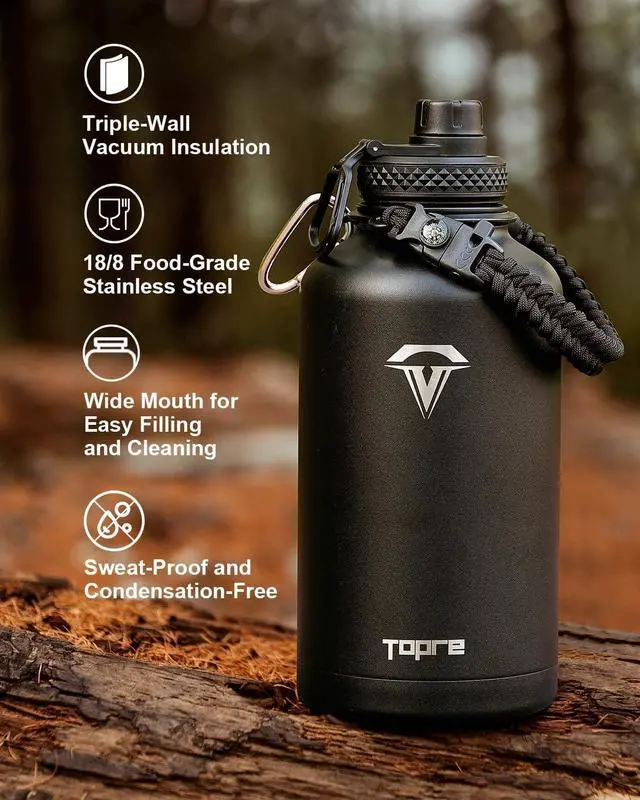 Alt view image 5 of 7 - Topre 64 oz Insulated Water Bottle Stainless Steel with Paracord Handle | Large Half Gallon Jug with Sleeve Straw Spout Lids, Triple Wall Vacuum, Cold for 48 Hrs, Dishwasher Safe, Leakproof, BPA-Free