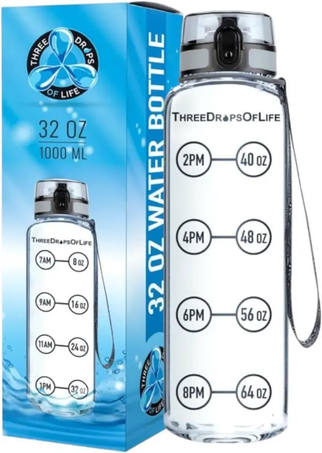 Main image of Time Marked Water Bottle, Clear Sports Timed Bottle 32 oz, Best for Measuring Water Intake, Tritan BPA-Free One Liter Hydration Tracker