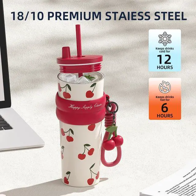 Alt view image 3 of 7 - 24 oz Stainless Steel Tumbler with Lid and Straw, Insulated Water Bottle Leak Proof for Hot and Cold, Portable Travel Coffee Mug, Reusable Coffee Cup for Women, Cherry