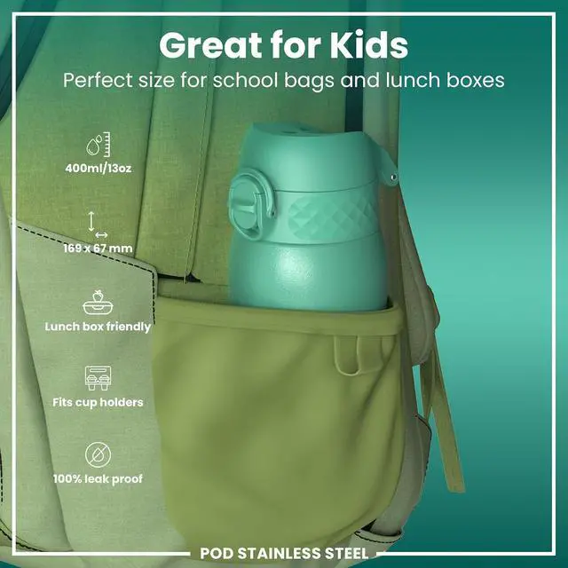 Alt view image 3 of 7 - Ion8 Kids Water Bottle, Steel 400 ml/13 oz, Leak Proof, Easy to Open, Secure Lock, Dishwasher Safe, Flip Cover, Carry Handle, Easy Clean, Durable, Scratch Resistant, Carbon Neutral, Teal Green