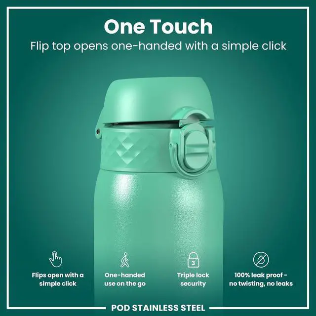 Alt view image 4 of 7 - Ion8 Kids Water Bottle, Steel 400 ml/13 oz, Leak Proof, Easy to Open, Secure Lock, Dishwasher Safe, Flip Cover, Carry Handle, Easy Clean, Durable, Scratch Resistant, Carbon Neutral, Teal Green