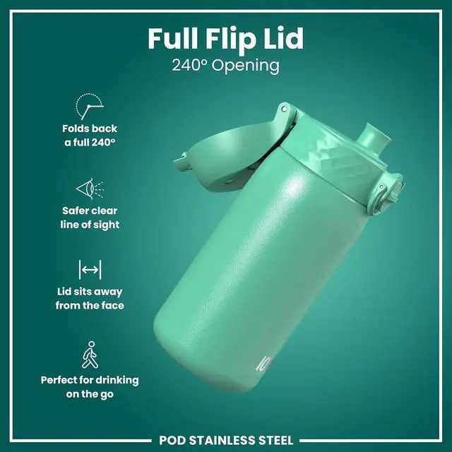 Alt view image 5 of 7 - Ion8 Kids Water Bottle, Steel 400 ml/13 oz, Leak Proof, Easy to Open, Secure Lock, Dishwasher Safe, Flip Cover, Carry Handle, Easy Clean, Durable, Scratch Resistant, Carbon Neutral, Teal Green