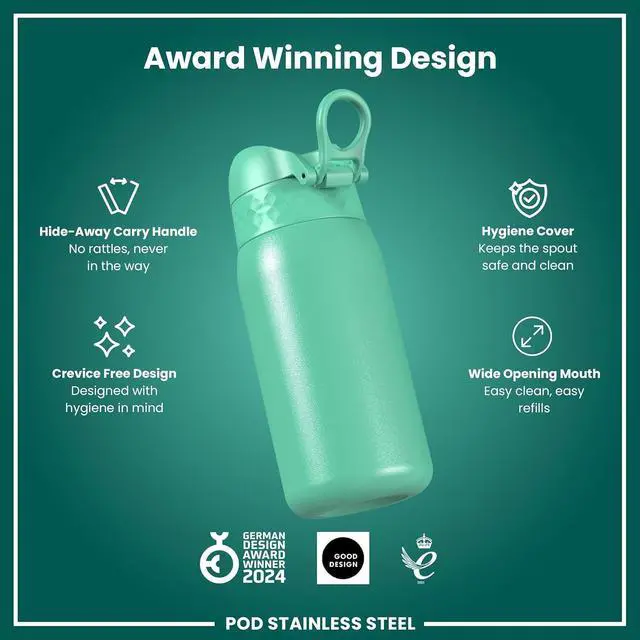 Alt view image 7 of 7 - Ion8 Kids Water Bottle, Steel 400 ml/13 oz, Leak Proof, Easy to Open, Secure Lock, Dishwasher Safe, Flip Cover, Carry Handle, Easy Clean, Durable, Scratch Resistant, Carbon Neutral, Teal Green